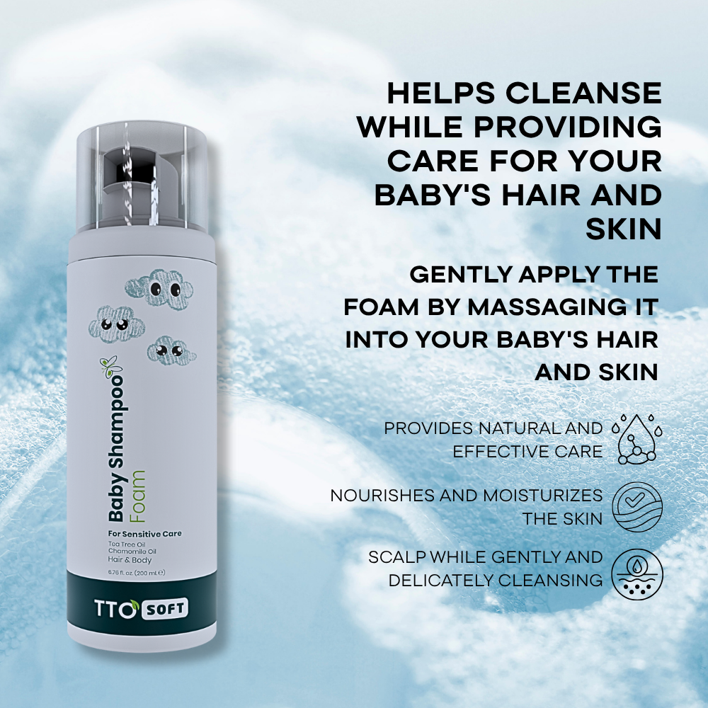 ORANGLES TTO Gentle Baby Foam Shampoo 200ml – Herbal Tea Tree & Chamomile Moisturizing Shampoo for Delicate Baby Hair & Skin Care - detailed closeup view - Image 3 of 3 | great for travel | Texas | Free Shipping ORANGLES