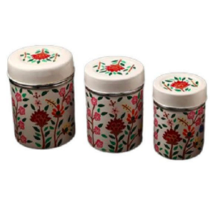 Contenedor hermético decorativo para alimentos y especias con tapa Caja de almacenamiento ilustrada recubierta de esmalte duradero e higiénico Juego de 3 - Product Image 3