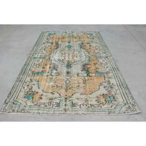Turkish Vintage Large Rug 5.7x9.1 ft, <b>Yellow</b> Blue Striped <b>Wool</b> Rug - Product Image 1