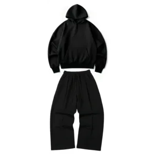 Sudadera con Capucha Negra Orgánica GOTS + Pantalones Deportivos Holgados con Pliegues, Ultra Pesados de 520GSM con Estampado - Product Image 1