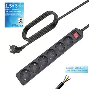 Regleta alargadora de 6 enchufes, 16A/250V 3680W, 1,5/3/5m de longitud, color negro, Don Feliz - Product Image 1