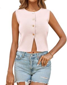 Débardeurs et T-shirts d'été pour femmes, mignons, respirants, avec logo frontal, col trou de serrure, sans manches, tricotés, style mode décontracté, modèle 2026 - Product Image 4