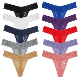 Womens Thong T-Back Low Waist Ladies Panties Cotton Lace Thongs For Women Assorted Different Lace Pattern and Colors