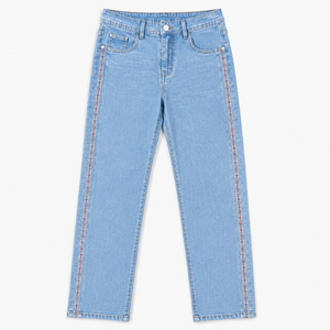 Jeans de Mezclilla Bordados de Pierna Recta Azul Claro para Mujer, Cintura Alta, Estilo Casual, Pantalones de Algodón Lavado, Venta al Por Mayor, OEM, ODM, Personalizados - Product Image 2