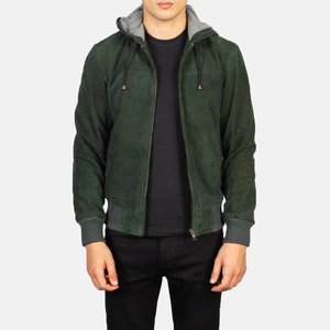 Nintenzo Blouson aviateur vert à capuche en daim pour homme - Product Image 1