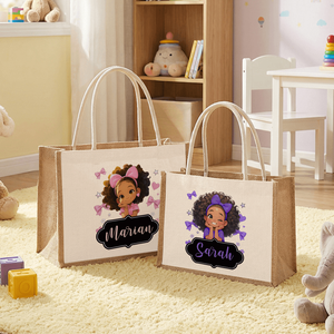 <b>Large</b> Jute Bag with Cute Cartoon <b>Bow</b> Personalized Birthday Gift for Black Girls Open Closure Type - Product Image 2