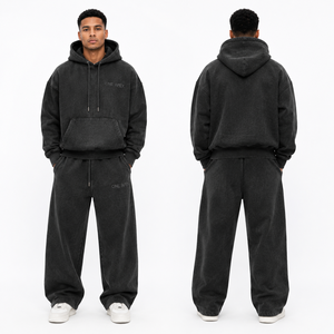 Ensemble survêtement homme respirant en coton French Terry 380 GSM, comprenant un sweat à capuche oversize délavé à l'acide et un pantalon de survêtement à bas ouvert - Product Image 2