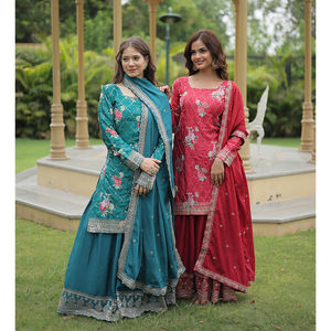 Premium Designer Ready Made Round Neck Embroidery Work Chinnon Printed Traditional <b>Kurti</b> Palazzo Dupatta Set for Festival - Product Image 1