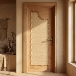 Porte intérieure traditionnelle en bois massif avec incrustation en rotin naturel et cadre décoratif pour chambre à coucher - Product Image 3
