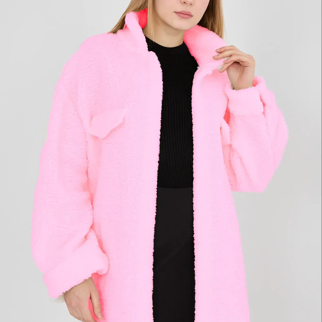 Pink Color Buttoned Plush Coat Plush Fabric Button Detailed Pink Fur Detailed Coat Practical