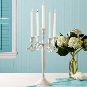 Venta caliente candelabro blanco cinco brazos candelabro para decoración de mesa de boda y candelabros de decoración del hogar de lujo