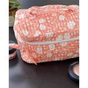 Peach Hand Block <b>Quilted</b> Cotton <b>Makeup</b> Organizer <b>Bag</b> with Zipper - Product Image 2