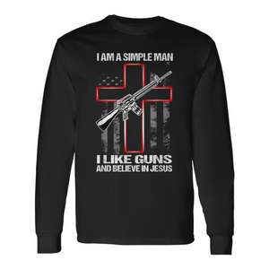 T-shirt à manches longues pour homme adulte, col rond, avec impression sérigraphiée « Simple Man I Like Guns And Believe In Jesus », cadeaux religieux pour l'église - Product Image 1