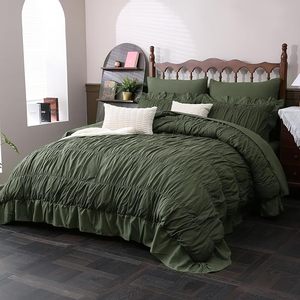 <strong>Olive</strong> <strong>Green</strong> Ruched Comforter Set King Size Boho Ruffle <strong>Bedding</strong> 7 Pcs Fluffy Luxury Ruffle Comforter <strong>Bedding</strong> Set - Product Image 6