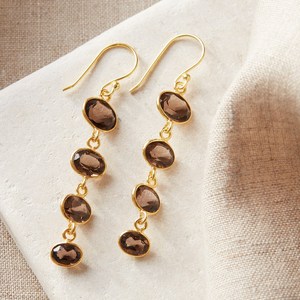 Wedding Jewelry Natural Brown Smoky Quartz Long Dangle Drop <b>Earring</b> Brass 18k Gold Plated Bezel Setting Statement <b>Hook</b> <b>Earring</b> - Product Image 2