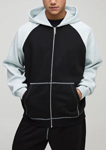 Recién llegado 2025 100% chándal de algodón con cremallera para hombre logotipo impreso DTF personalizado con mangas de contraste y capucha hip hop hombre conjunto de 2 piezas - Product Image 3