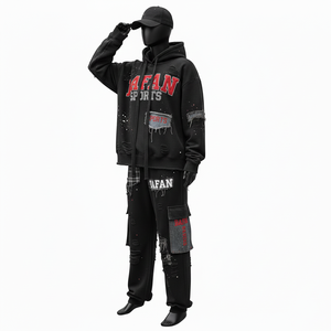 Survêtement en molleton de coton premium pour femmes, noir, design à panneaux usés, broderie personnalisée, logo en chenille, taille plus - Product Image 4