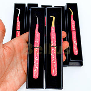 Todos los tipos de pinzas de extensión de pestañas con agarre de fibra Acero inoxidable Etiqueta privada Recubierto de Rosa Puntas curvas 45 90 grados Puntas - Product Image 1