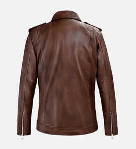 Chaqueta de cuero de motorista marrón para hombre con cierre de cremallera Estilo casual de invierno Acabado - Product Image 6