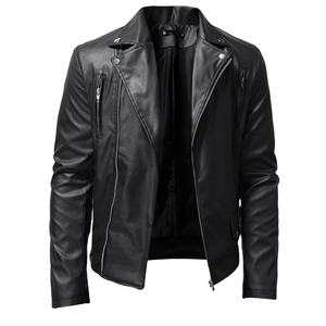 Chaqueta informal de cuero PU ajustada para hombre con cremallera de manga larga y cuello levantado, chaqueta de cuero para motocicleta de color sólido, ropa - Product Image 6