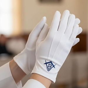 Gants en coton brodés maçonniques bleus avec motif carré et compas - [Blanc] Instructions d'entretien : Lavage à la main uniquement - Product Image 4