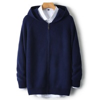 Sweat-shirt à capuche zippé pour homme en 100 % laine mérinos, écologique, coupe-vent, brodé, tricot épais automne-hiver
