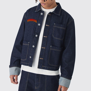 Venta caliente Loose Fit Crop Top Vintage Washed Men's Denim Jacket Turn Dowm Collar Drop Shoulder Streetwear Chaqueta de mezclilla para hombres - Product Image 1