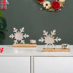 Custom Logo Snowflake Metal <b>Tea</b> <b>Light</b> Holder with Wood Base for Home Decor & Gifting for Christmas Season - Product Image 6