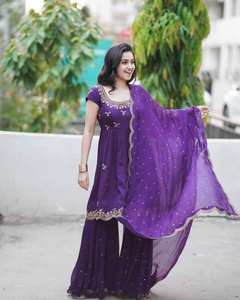 LANCEMENT DU NOUVEAU DESIGNER FESTIVE WEAR SHARARA PALAZZO TISSU CHINON SOIE AVEC BEAU TRAVAIL DE BRODERIE DE SÉQUENCE - Product Image 1