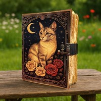 Carnet de notes vintage en cuir avec impression UV chat, reliure cousue, papier coton fait main à bords festonnés - Cadeau pour les amoureux des animaux
