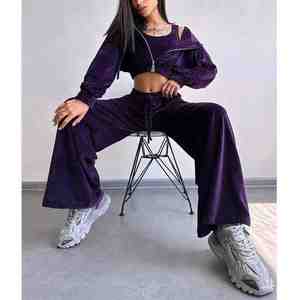 Ensemble de survêtement 2 pièces pour femme, jogging décontracté en molleton d'hiver avec logo personnalisé en strass, broderie, violet, 2026 - Product Image 5