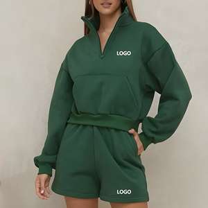 2024 ensembles de chemises et de shorts zippés personnalisés pour femmes de haute qualité 100% coton ensemble t-shirt et short deux pièces grande taille - Product Image 1