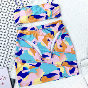 Traje de baño de 3 piezas de cintura alta con cuello bandeau, talla XL, transpirable, estampado digital, con cubierta de punto con letras y frutas - Product Image 2