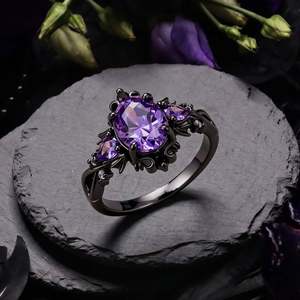 Jeulia Gothic Bat Wing Black Thorn Purple <b>Statement</b> <b>Ring</b>-Open <b>Ring</b> with Natural Gemstone Inlay - Product Image 4