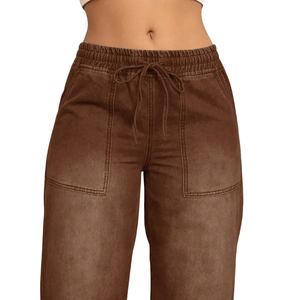 Jean en denim marron pour femme, taille mi-haute, coupe droite décontractée, respirant, 100% coton, couleur unie, lavage vintage, automne - Product Image 3