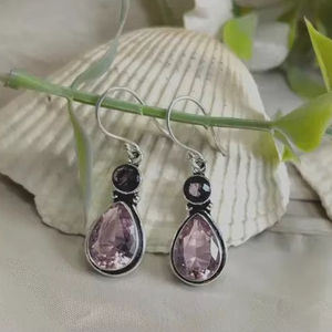 Boucles d'oreilles en Kunzite et Améthyste, pierres précieuses, argent sterling 925 plaqué or, faites à la main, bijoux mignons, pierre de naissance d'octobre, cadeau pour femme - Product Image 1