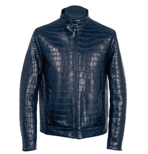 <b>Men's</b> Dark Blue Embossed PU Leather Moto Jacket Stand Collar Zipper Closure Slim Fit Regular Length Autumn Wear - Product Image 5