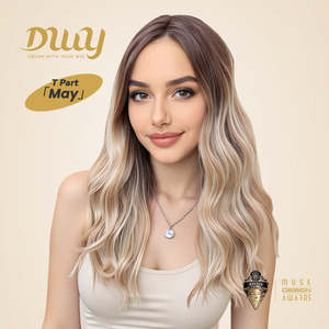 Perruque synthétique sans colle May-DWY avec dentelle transparente, raie au milieu, bouclée, couleur blonde ombrée - Product Image 1