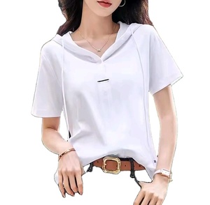 Camiseta Informal con Capucha para Mujer, de Manga Corta, Color Sólido, Transpirable y Entallada - Product Image 3