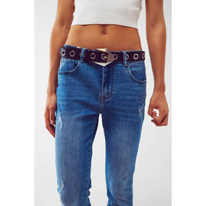 Jeans Ajustados de Cintura Alta con Detalle de Lavado en el Dobladillo y Decoración de Remaches en Tela Vaquera - Product Image 2