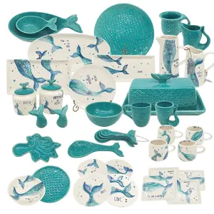 Mermaid Serie Vajilla Completa Pauw Blauw Aardewerk Klei Decoratieve Luxe Servies Plaat Volledige Sets