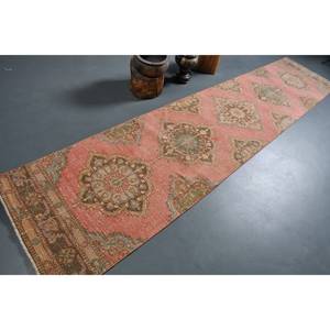 Alfombra turca Vintage de 2,8x12,9 pies, retales verdes rosas, tejido plano, respaldo de látex de lana para decoración para sala de estar o uso en el pasillo - Product Image 2