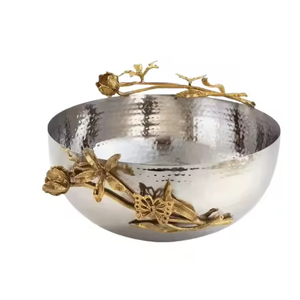 Bol de service en métal royal de qualité luxueuse avec support à fleurs bol de service au look premium dernier arrivage couleur noir et or - Product Image 5