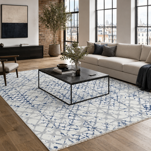Tapis lavable géométrique bleu indigo Netline Home Moonlit Linework - Product Image 1