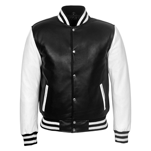 Blouson universitaire en cuir pour homme avec lettres brodées sur les manches, style personnalisable sur le devant, col rabattable, coupe classique - Product Image 1