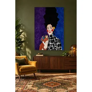 Impression sur toile Fida : Femme et renard sur fond violet et bleu - Product Image 2