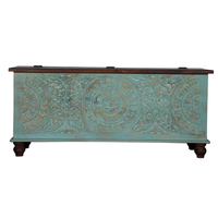 Table basse de salon en bois massif rustique, finition bleu verdâtre antique, bois de mangue sculpté à la main avec coffre de rangement