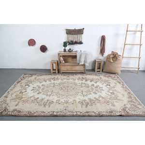 5.8x9.2 ft Vintage Rug, Turkish Large Rug, <b>Brown</b> Striped <b>Wool</b> Rug - Product Image 3