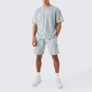 Conjuntos de algodón de alta calidad para hombre, camisetas y pantalones cortos, ropa para hombre, conjunto doble de dos piezas, Fitness ajustado, Color sólido - Product Image 1