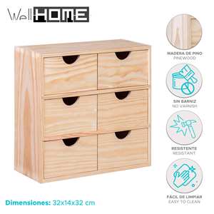 WELL HOME Organisateur de bureau et de tiroirs en bois de pin Miniblock avec 6 tiroirs 35x14x32cm - Product Image 2